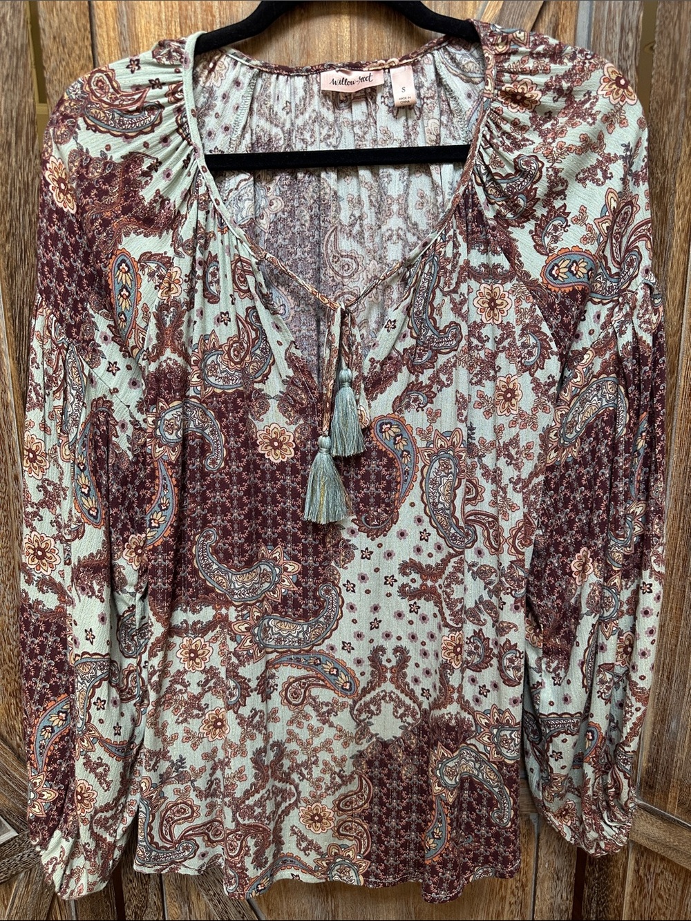 Willow & Root Boho Paisley Tassel V-Neck Blouse - Mint & Brown